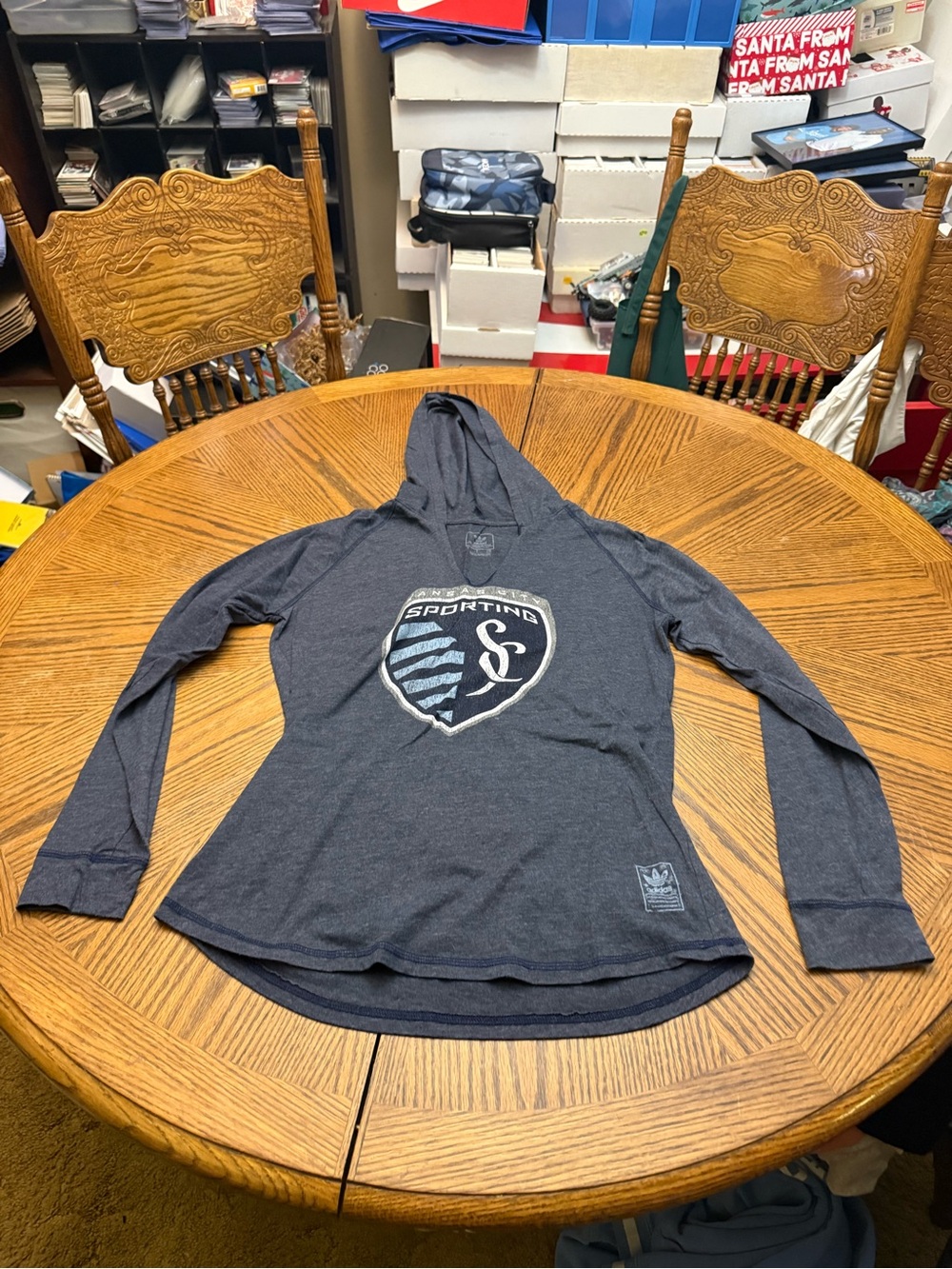 adidas Women's Long Sleeve Hooded Tee in Charcoal Blue with Sporting KC Crest